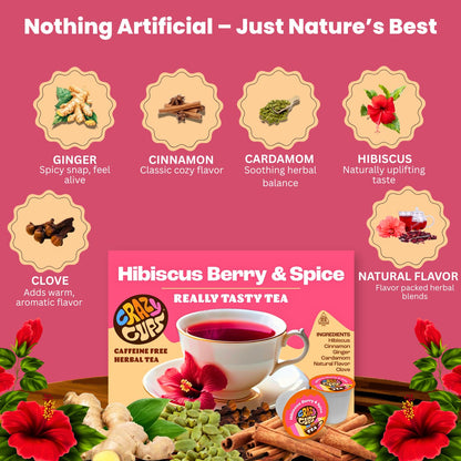Crazy Cups Hibiscus Berry & Spice Herbal Tea Pods, 22 Count, Kosher Certified, Fruity & Spiced Blend with Cinnamon, Ginger & Clove | K Cup Compatible, Hot or Iced Herbal Tea