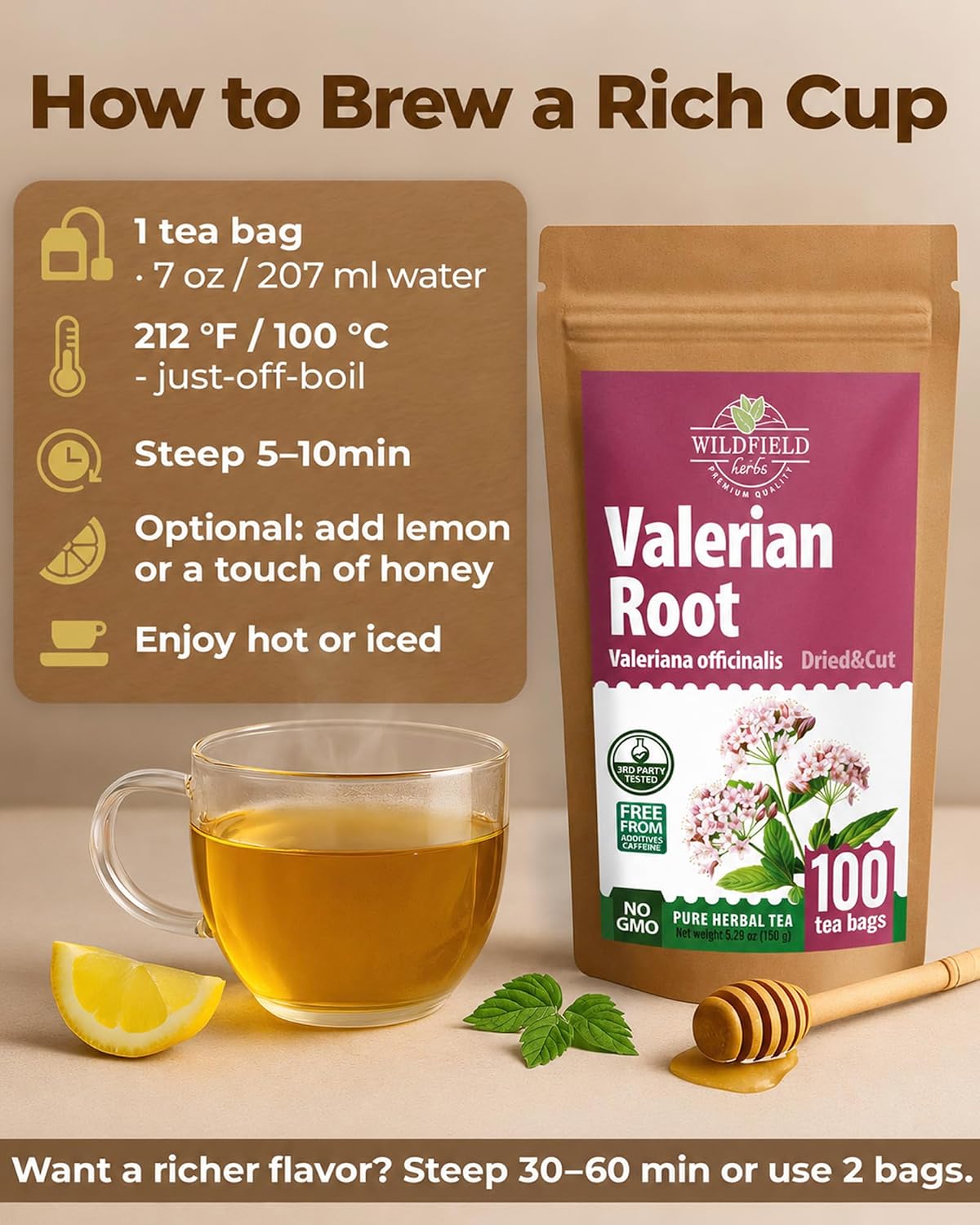 100 Bags Valerian Root Tea (Valeriana officinalis) - 100 Count 1.5g Te De Valeriana Herb