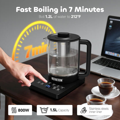 Electric Tea Kettle with Infuser Temperature Control and Automatic Shut Off 24 H Keep Warm for Coffee Water Heater and Tea Pot Glass Black 1.5L