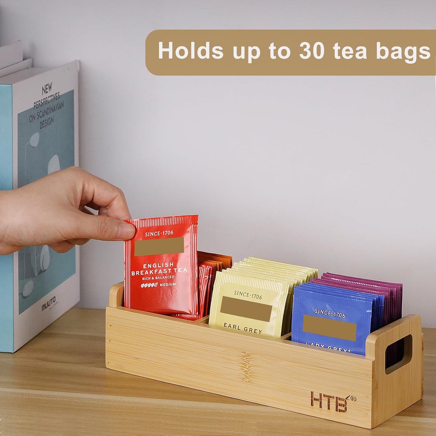 HTB Small Tea Bag Box Wooden, 3 Compartments Acacia Wood Tea Bag Chest with Handle, Mini Countertop Divided Storage Container for Beverage Supplies, Sugar, Sweeteners, Individual Packets