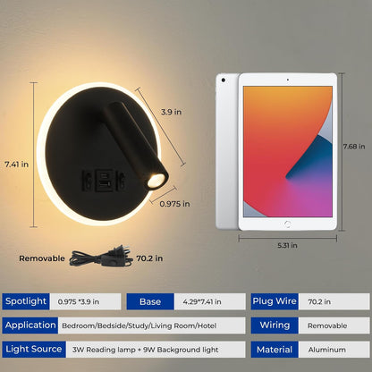 Plug in Wall Lamps for Bedroom Living Room, Wall Mounted Reading Lights with USB C+A Charging Ports, Headboard Lamp 360°Rotation, Wall Mount Lamp with 3 Color Temperature 3W+9W Night Light