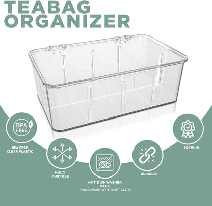 Utopia Home - Tea Bag Organizer With Lids, (1 Pack) Clear Pantry Storage Box - Stackable Partition Organizers or Holder With Lids For Drawers, Countertops, Fridge, Kitchen, Snack & Spice Organization