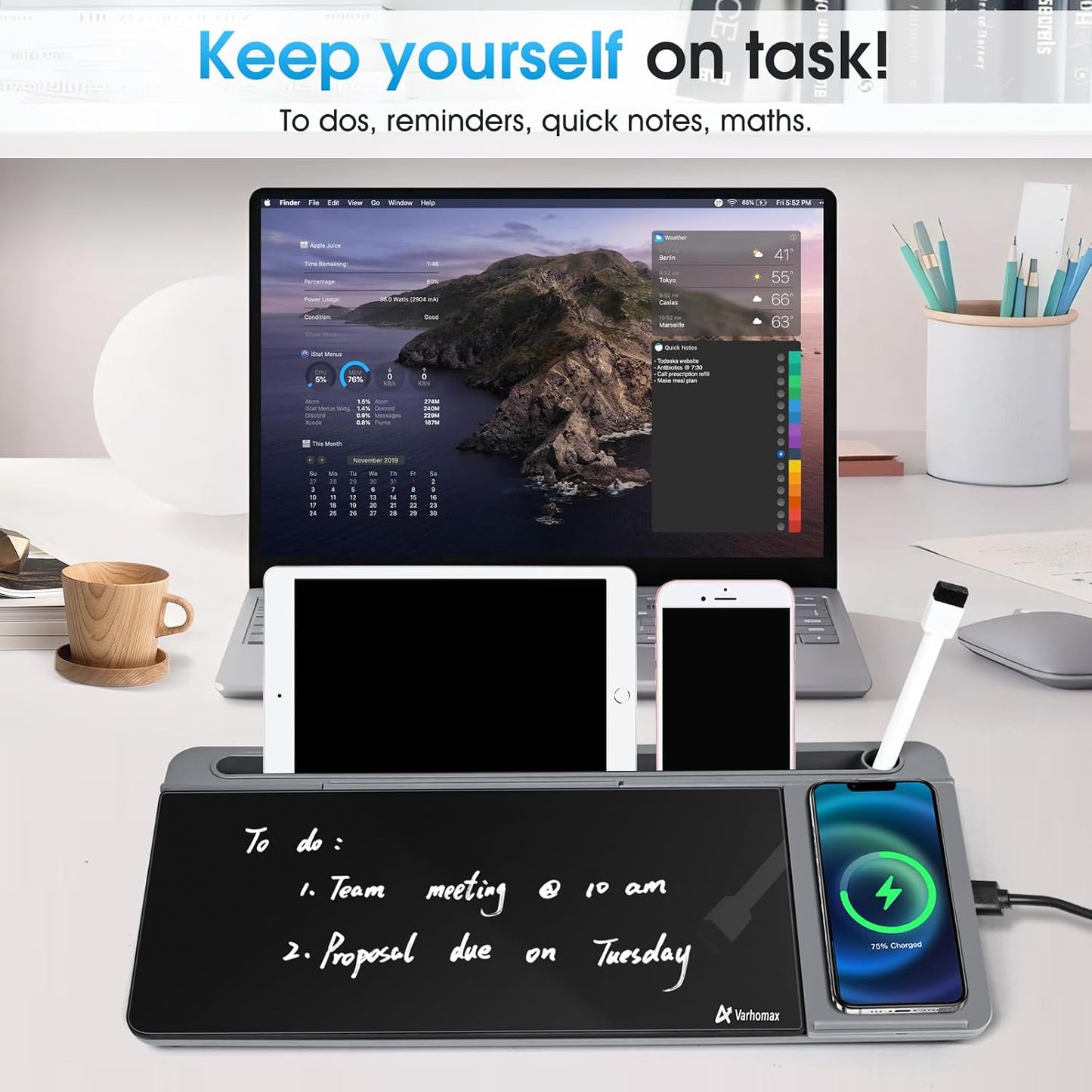 Varhomax Glass Weekly Dry Erase Desk White Board, Desktop to Do List Planner Whiteboard Calendar with Storage Caddy Memo for Home and Office, White