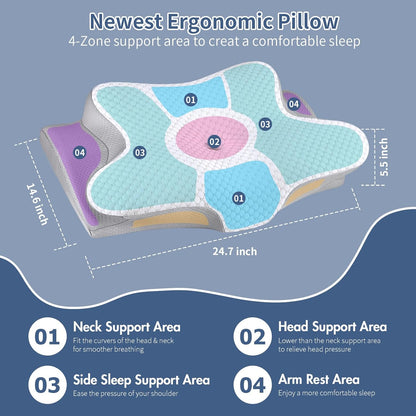 Cervical Neck Pillow for Pain Relief - Ergonomic Side Sleeper Pillow for Neck Support, Cooling Memory Foam Pillows, Contour Pillow Orthopedic Bed Pillow for Back Stomach Sleepers (Dark Grey)
