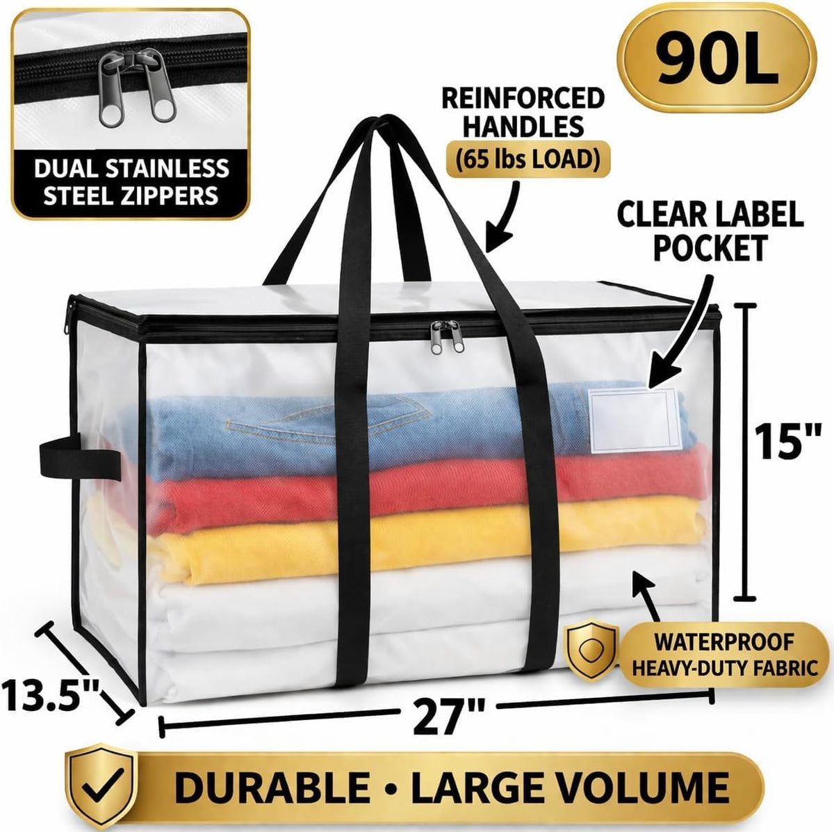 Comforter Storage Bags with Zipper and Handles (90L) - Extra Large Heavy Duty Moving Bags, Waterproof Blanket & Clothes Storage Bags, Foldable Under Bed Storage Totes for Bedding, Closet, College Dorm