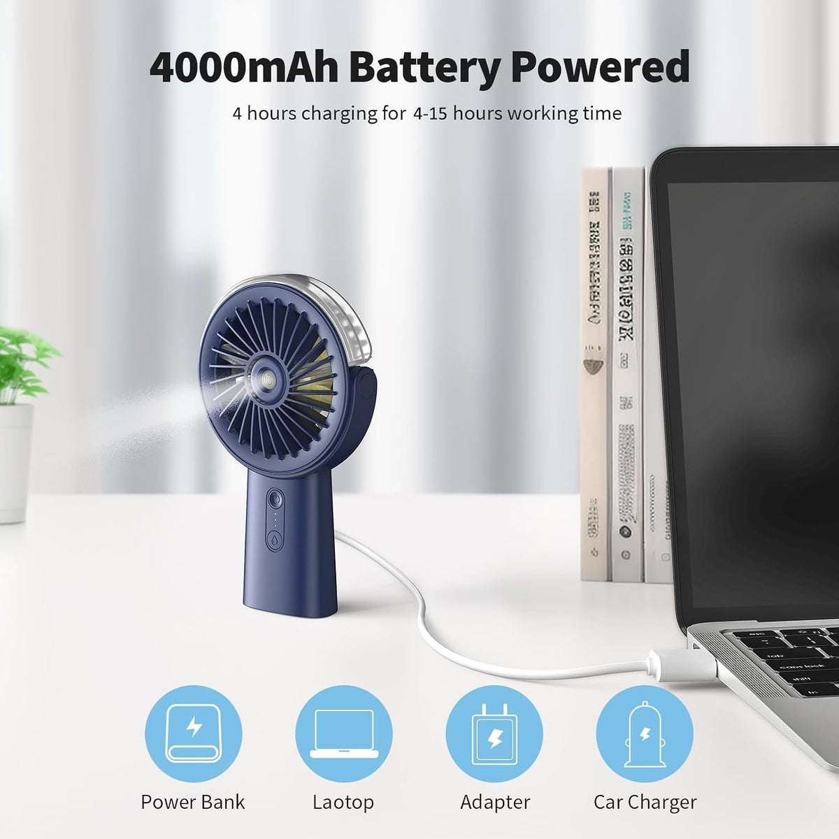 Otlonpe Handheld Misting Fan Portable, Small Personal Hand Held Rechargeable Mist Fan Water Spray, 4000mAh Battery Operated Hand Mister Fans 3-Speed, 4-15 Hrs Runtime for Travel Home Office Outdoor
