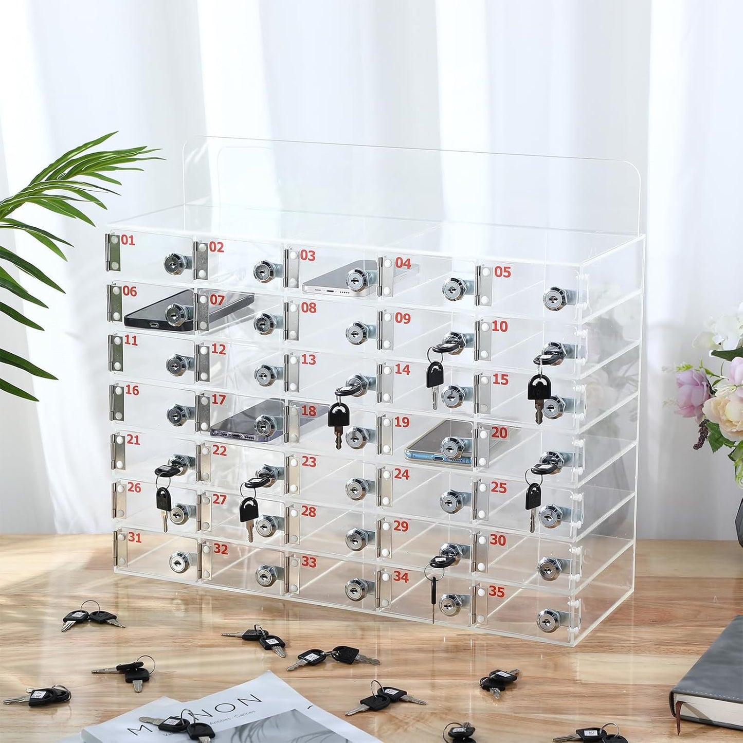 Threan 12 Slot Cell Phone Storage Box, Acrylic Clear Cell Phone Storage Cabinet Wall Mounted with Door, Locks and Keys for Office School Factory