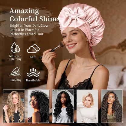 Silk Bonnet Satin Bonnet for Sleeping Large Bonnets with Tie Band Hair Wrap with Adjustable Straps Hair Cap for Women Curly Black