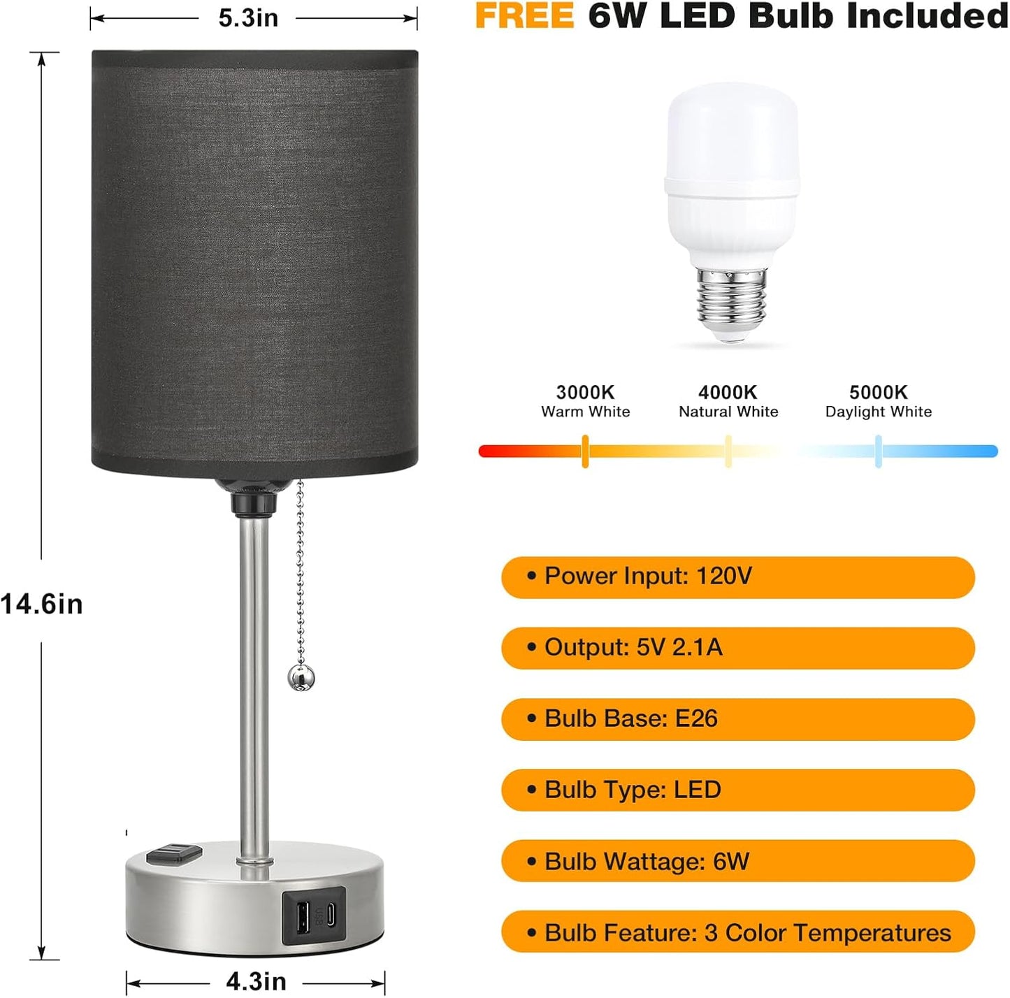 Small Bedside Table lamp for Bedroom - 3 Color Temperatures Bedside Lamps with USB C and A Ports, Pull Chain Table Lamps with AC Outlet, White Nightstand Lamps with Black Metal Base for Kids Reading