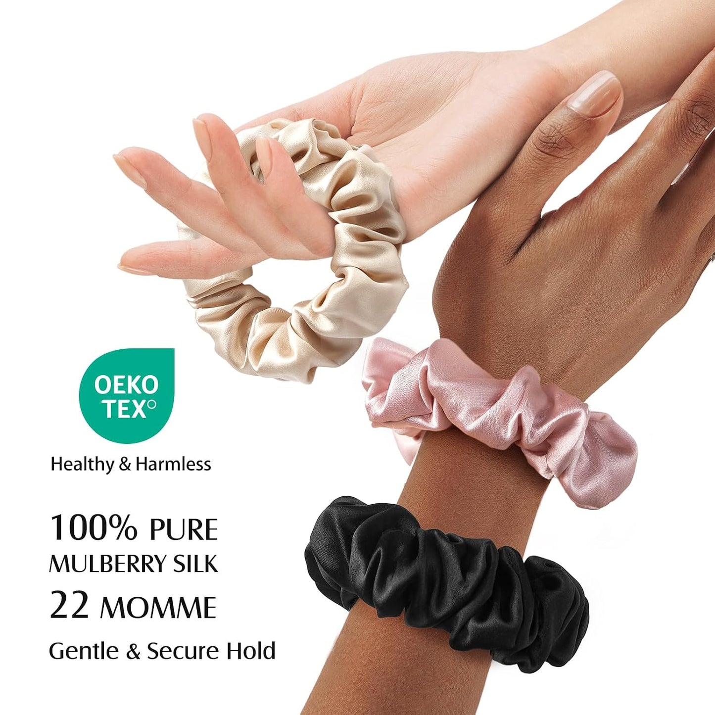 YFONG 3 PCS 100% Mulberry Silk Scrunchies for Women Girls, 22 Momme Soft Hair Ties for Frizz & Breakage Prevention, Elastic Ponytail Holders Gentle And No hurt, (Pink+Champagne+Plum Purple)