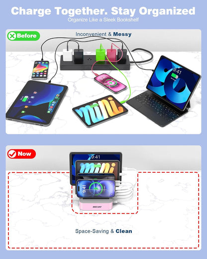 MSTJRY Charging Station for Multiple Devices : 5 Port Multi USB-A Charger Stations Multi-Device Organizer Charging Dock Designed for iPhone iPad Cell Phone Tablets (7 Short Cables Included)