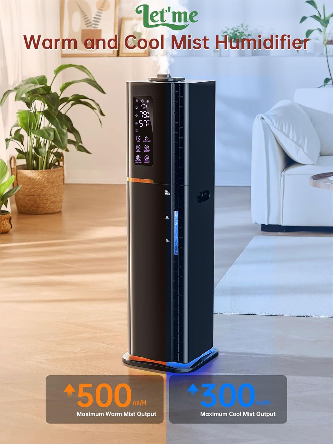 2.64Gal Humidifiers for Bedroom, Warm and Cool Mist up to 500ft², Top Fill Diffuser Ambient Light, 3 Mist Modes, 24H Timer, 35dB Quiet Humidifier for Large Room Home Office Plants