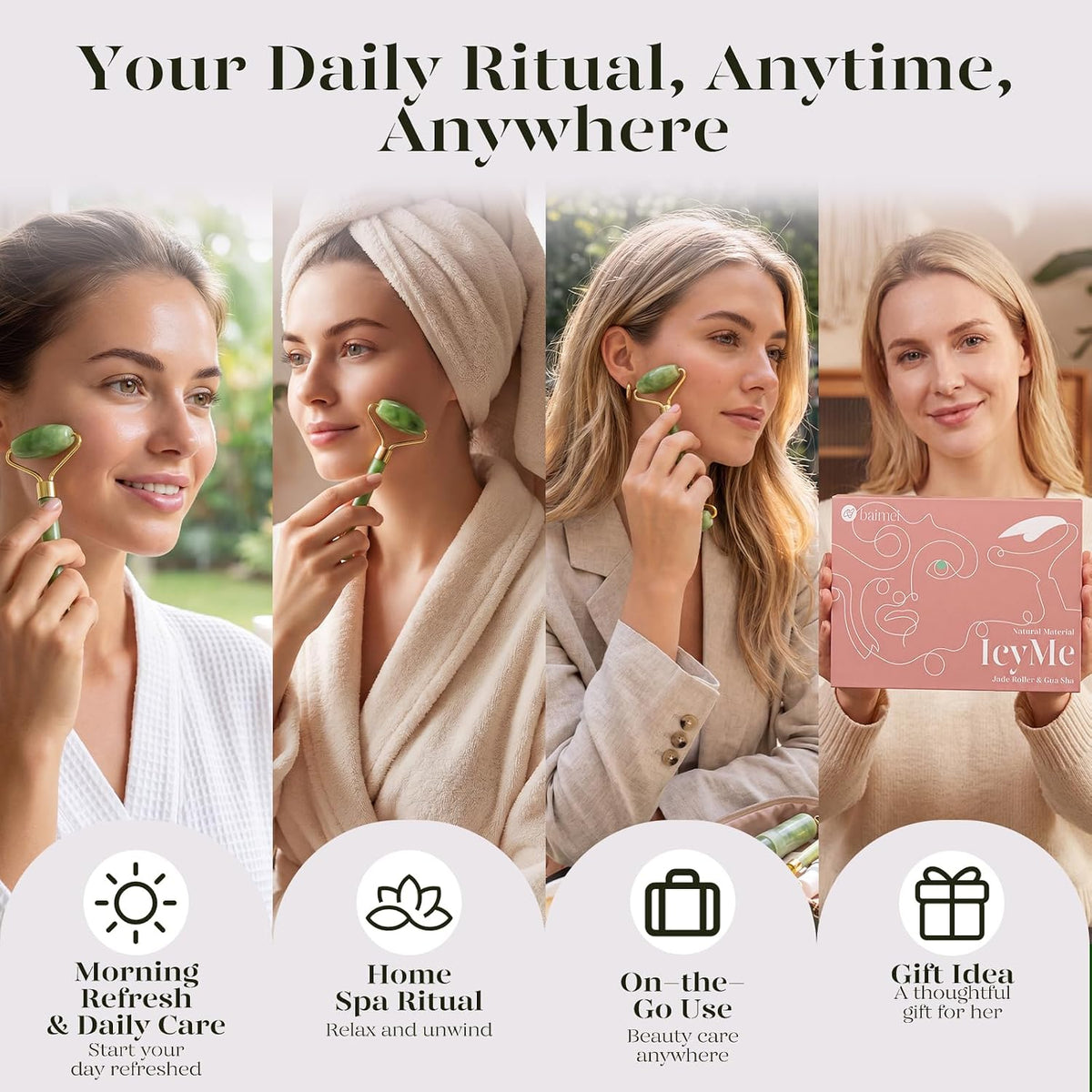 BAIMEI IcyMe Rose Quartz Roller & Gua Sha Facial Tool Set for Depuffing