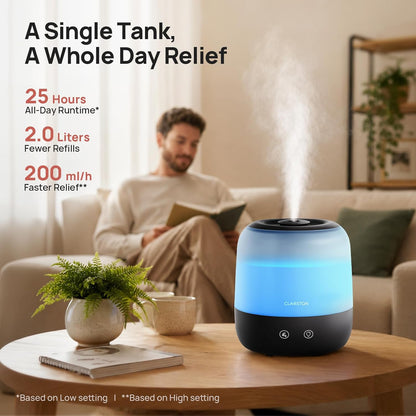 Clarston 2L Cool Mist Humidifier for Bedroom with 360° Adjustable Nozzle, High and Low Mist Levels, Ultra-Low Noise, Light-Off, No BPA, Auto Shut Off, Ideal Baby Humidifier with Easy Top Filling