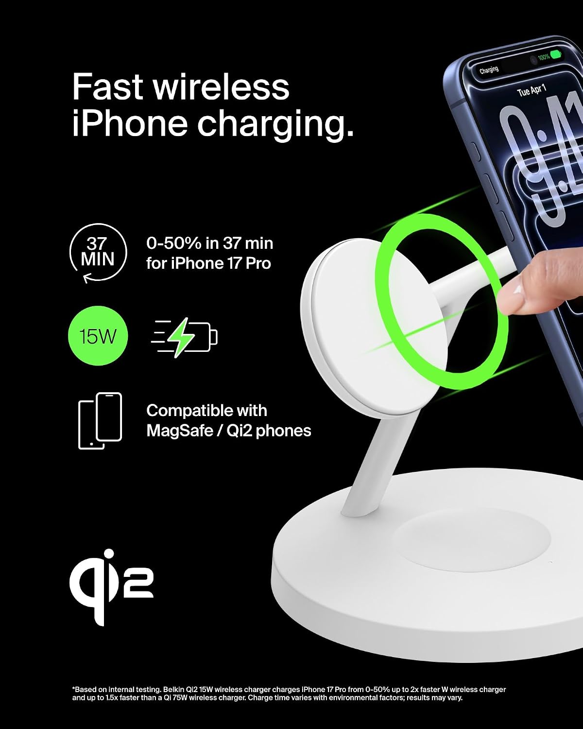 Belkin Qi2 15W Wireless Charging Station, 3 in 1 iPhone Charger