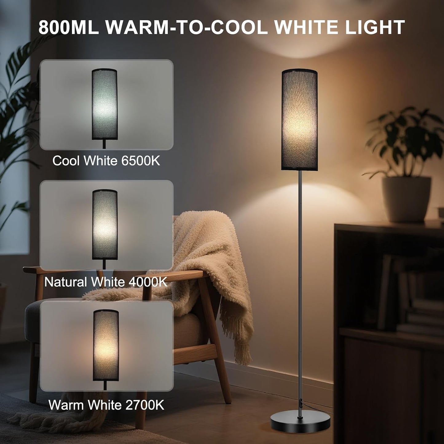FRIDEKO HOME Floor Lamp, 9W 800LM Color Changing Smart Bulb, Beige Shade