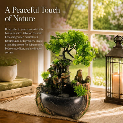 Indoor Tabletop Water Fountain with LED Light, Resin Rock-Look Waterfall Decor, Feng Shui Inspired Zen Fountain for Desk, Office, Bedroom, Living Room & Meditation Space (9" Cascading Rock)