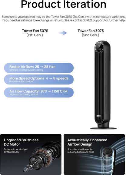 DREO Smart Tower Fan for Bedroom, 28ft/s Velocity, 8 Speeds Ultra Quiet Fan