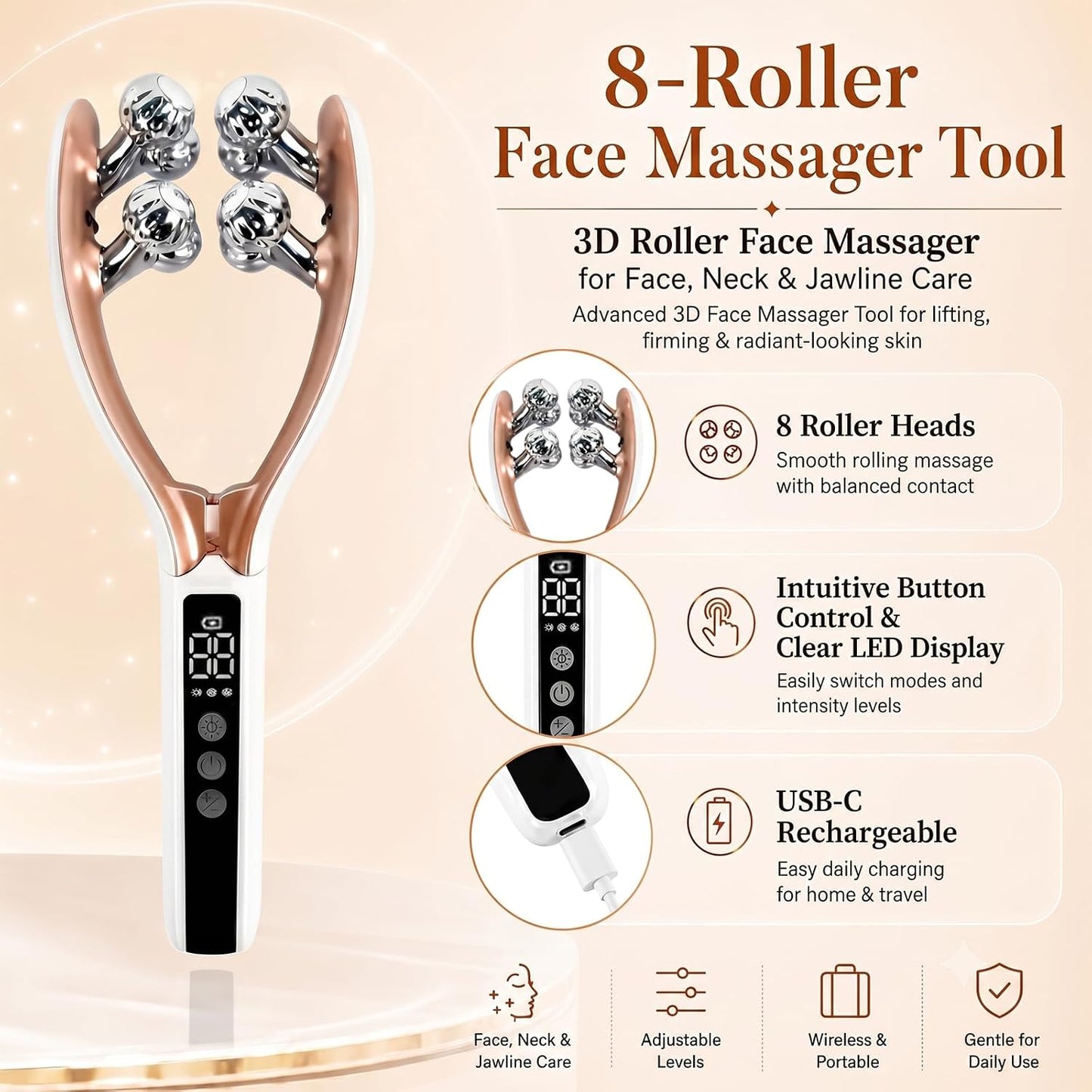 Wireless Face Massager Tool, 8-Roller 3D Face Roller for Women