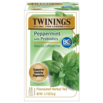 Twinings Superblends Probiotics+ Peppermint & Fennel Herbal Tea, 250 Million CFUs per Cup, 18 Tea Bags (Pack of 1), Naturally Caffeine-Free, Enjoy Hot or Iced