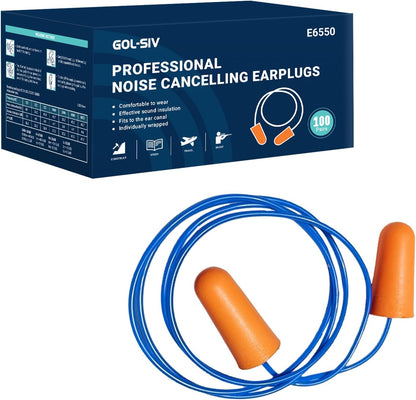 NRR 33dB Foam Ear Plugs with Cord,100 Pairs/Box，for Sleeping | Ultra-soft PU foam, fit ear canals, individually wrapped,earplugs for Construction , traveling, studying. shooting ranges