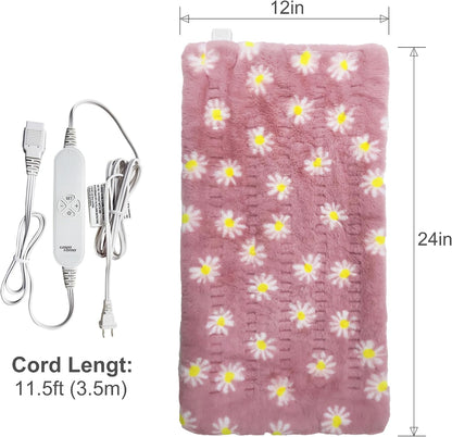 GOQO TOMO Heating Pad, 12 x 24 Inch, Pink Floral Pattern, Machine Washable, 8 Timer Settings, 12 Heat Levels, for Back Pain Relief-P01