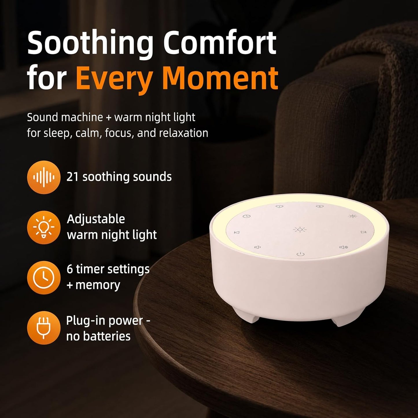 Kipcush White Noise Machine for Sleeping – High-Fidelity Non-Looping Sounds, Dimmable Night Light, USB Powered, Sleep Sound Machine for Baby, Kids & Adults (A - Model White+, Standard)