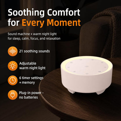 Kipcush White Noise Machine for Sleeping – High-Fidelity Non-Looping Sounds, Dimmable Night Light, USB Powered, Sleep Sound Machine for Baby, Kids & Adults (A - Model White+, Standard)