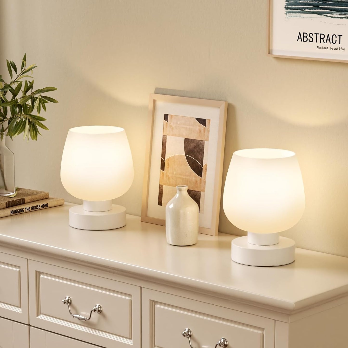Seealle Touch Table Lamp for Nightstand - Small Bedside Lamp for Bedroom Living Room Night Stands, Desk Lamp with White Glass Shade for Small Spaces, 3 Way Dimmable, LED Bulbs, Gifts