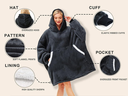 Kipswiza Wearable Blanket Hoodie Gifts for Women and Men, Oversized Cozy Warm Flannel Sherpa Hooded Blankets Sweatshirt with Giant Pockets for Adult and Teens, Dark Gray