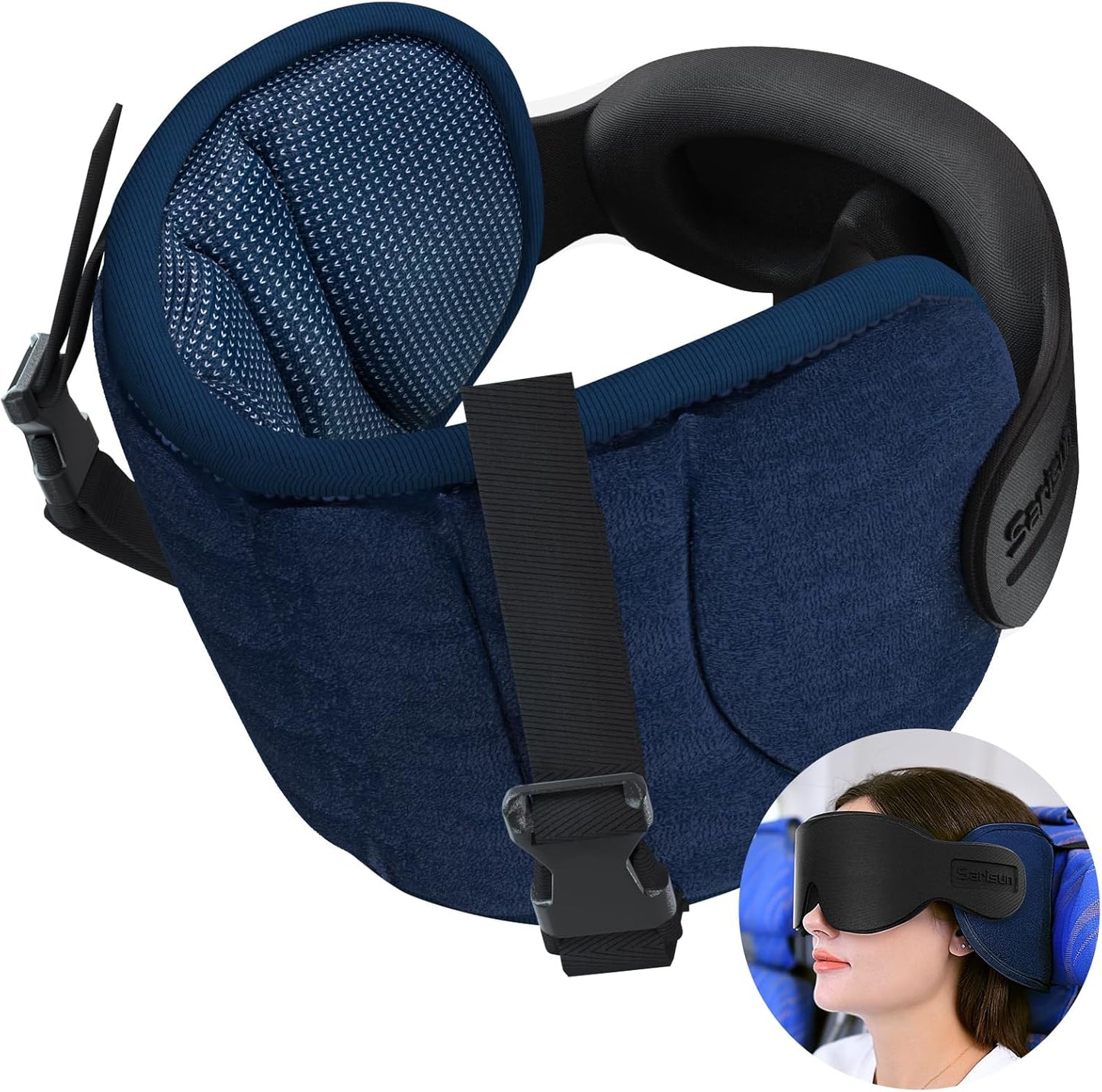 SARISUN Travel Pillows for Airplanes, 360° Stable Support Airplane Pillow with 3D Eye Mask, Headrest Pillow for Long Flight Road Trip Sleep, Stop Bobblehead Travel Essential, Black