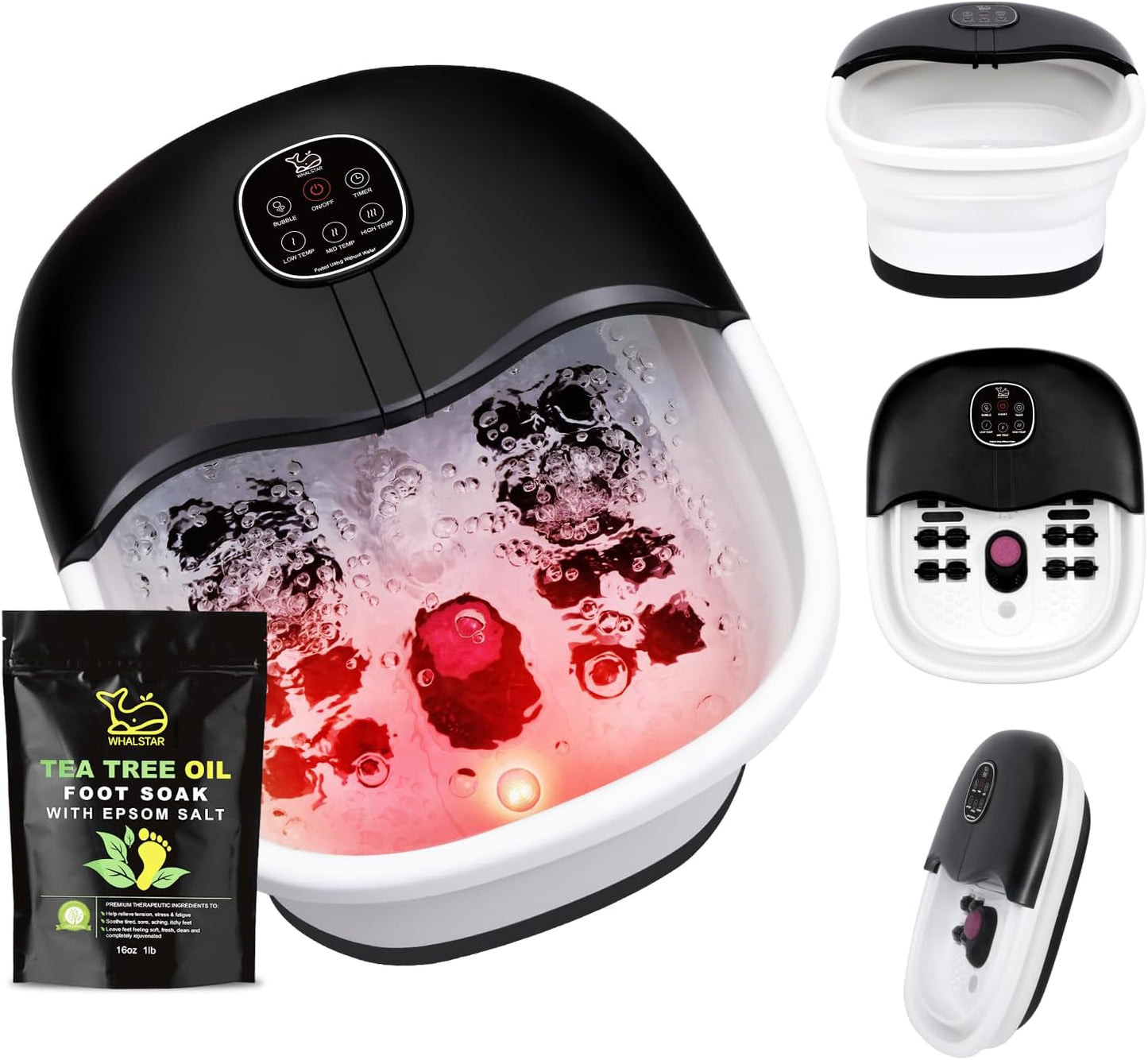 Collapsible Foot Spa Bath Massager with Heat Bubbles and Vibration Massage and Jets, 16oz Tea Tree Oil Foot Soak with Epsom Salt, Foot Bath Basin with Red Light & Remote - Pink