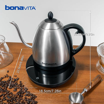 Bonavita 1L Digital Variable Temperature Gooseneck Electric Kettle for Coffee Brew and Tea Precise Pour Control, 6 Preset Temps, Café or Home Use, 1200 Watt, LED Panel, Stainless Steel