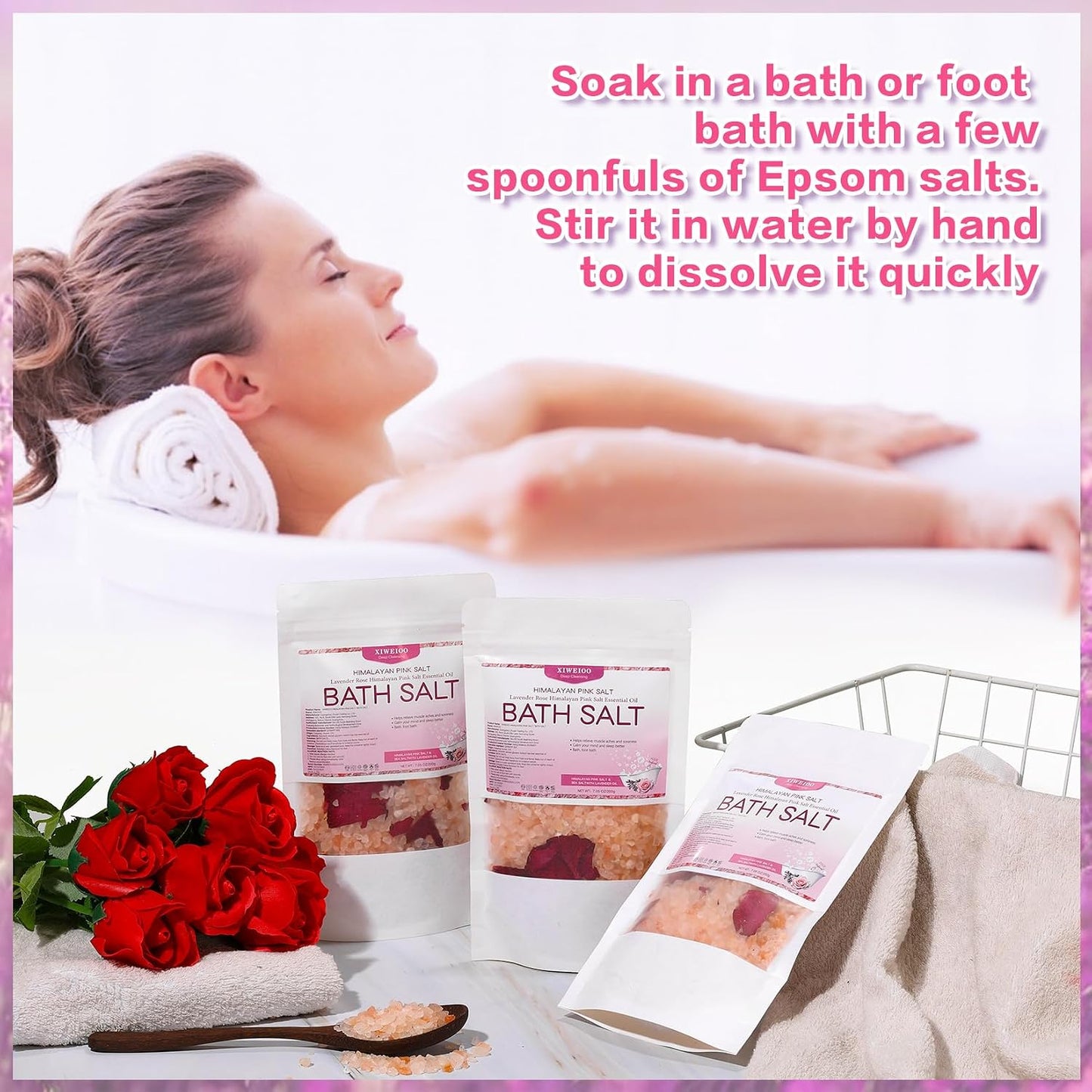 Bath Salts KIT Pack of 3 Natural Epsom Salt Rose Essential Oils Relaxes and Better Sleep Himalayan Pink Salt Foot Soak Tea Tree Oil Himalayan Foot Bath Salts Set