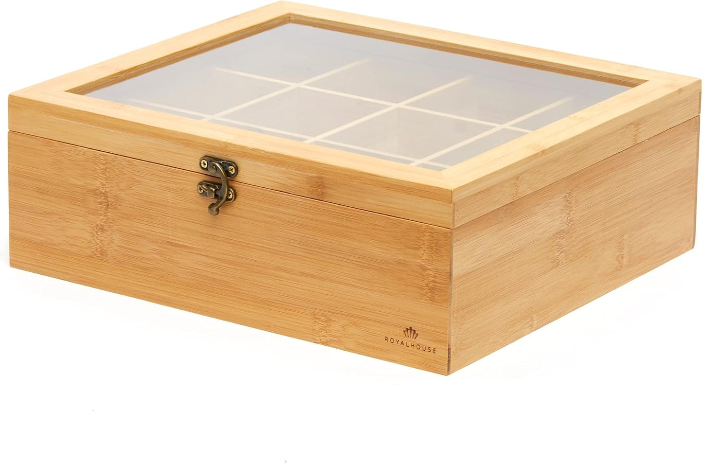 RoyalHouse Big Natural Bamboo Tea Storage Organizer with Clear Acrylic Top Window, 8 Compartments Eco-Friendly Tea Bag Holder, Multi-Functional Storage Box