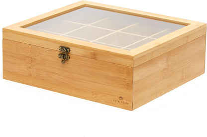 Big Natural Bamboo Tea Storage Organizer, Clear Acrylic Top, 8 Compartments