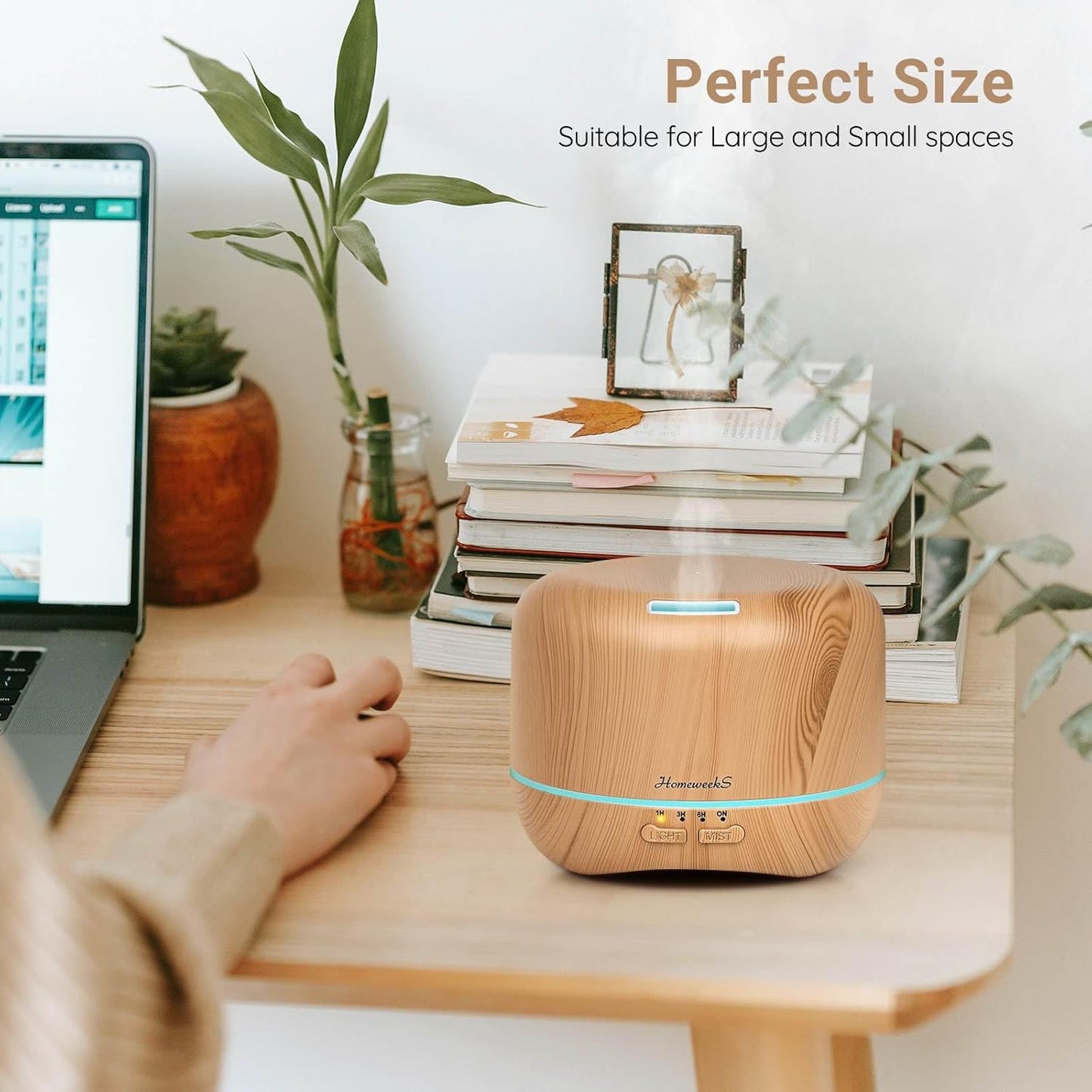 Homeweeks 300ml Essential Oil Diffuser, Quiet Aromatherapy Mist Diffusers for Essential Oils, Wood Grain, Ultrasonic, Remote Control, Timer, 7 Colors Light for Bedroom (300ml)