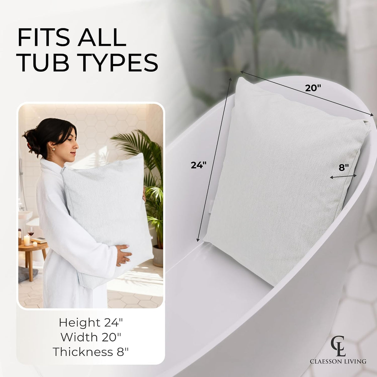 Luxury Bath Pillow for Tub - Thick and Comfortable Bathtub Pillow Support for Head and Neck and Back - Washable Quick-Drying Bath Pillows - Bath Cushion for Home Spa - Fits Any Bathtub - Light Gray