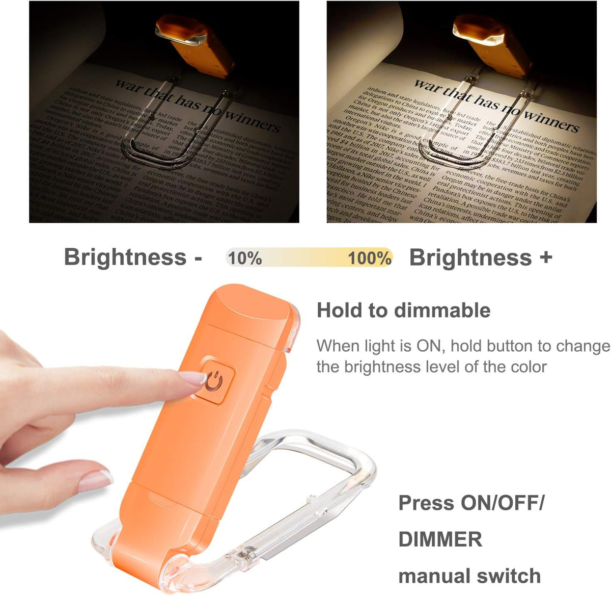 HONWELL Rechargeable Book Light, Clip On LED Reading Lights for Kids Reading in Bed, 3 Brightness Levels Dimmable Bookmark Light for Eye-Protection, Portable Reading Lamp for Bookworms, Travel(Orange)