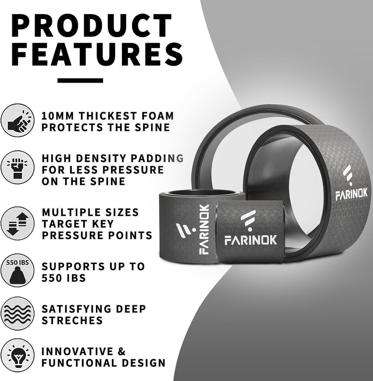Yoga Wheel Set of 3+1, Upgraded 10MM Thick Back Wheels for Pain Relief & Stretching, Strongest Back Roller for Deep Tissue Massage, Improving Yoga Poses Backbend