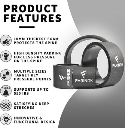 Yoga Wheel Set of 3+1, Upgraded 10MM Thick Back Wheels for Pain Relief & Stretching, Strongest Back Roller for Deep Tissue Massage, Improving Yoga Poses Backbend