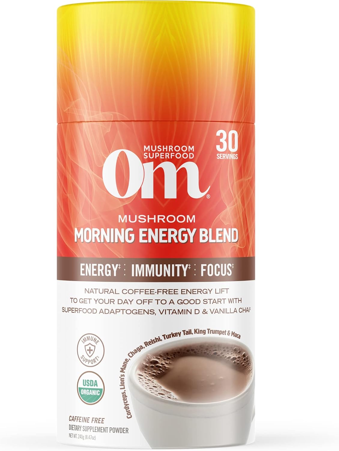 OM MUSHROOM SUPERFOOD Matcha Latte Blend – Green Tea Mushroom Powder with Lion’s Mane, Reishi, Chaga & Turkey Tail – Focus, Calm & Stress Support – 8.47 oz Canister (30 Servings)