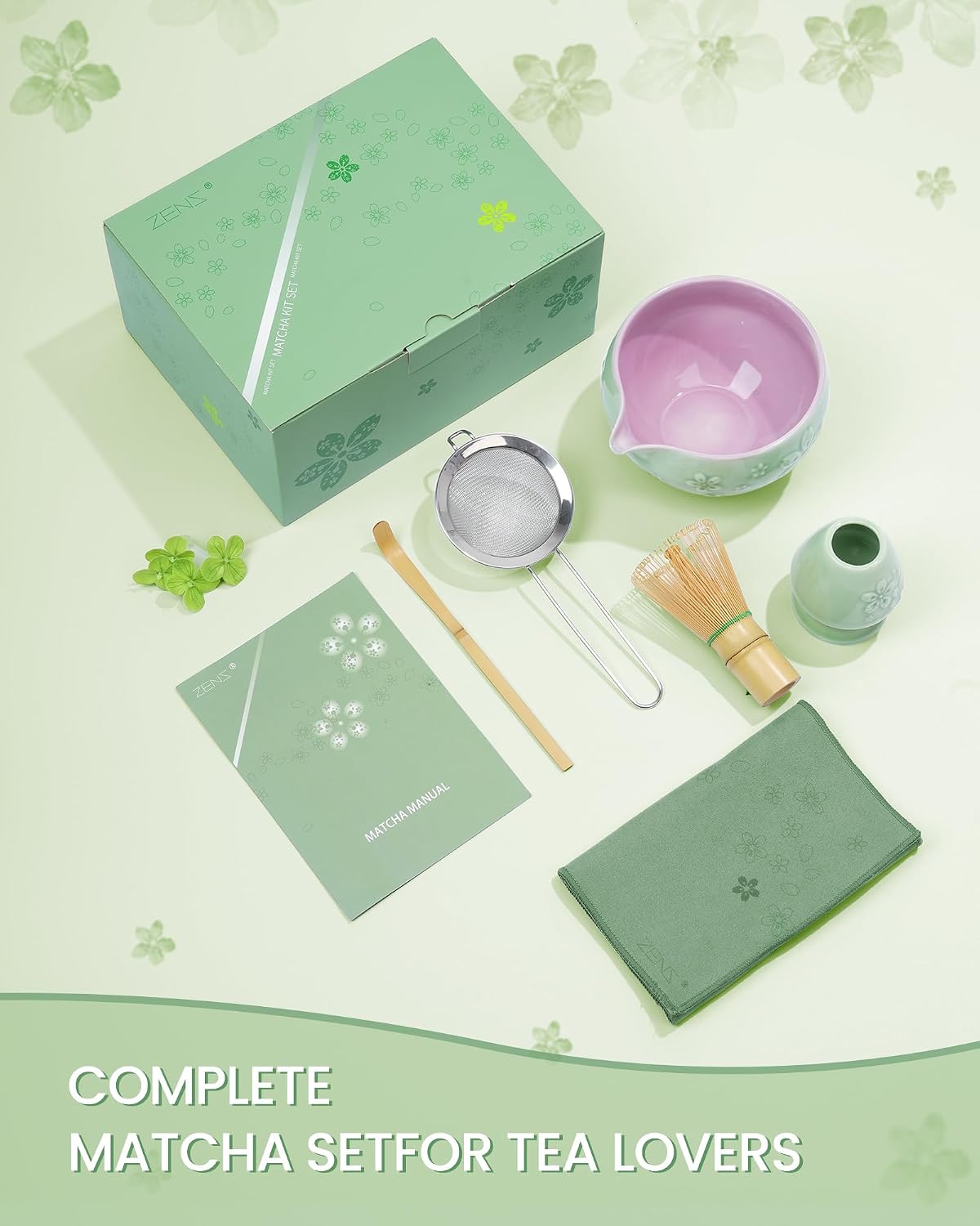 ZENS Matcha Whisk Set, Matcha Kit Set, Matcha Bowl with Spout, Bamboo Whisk & Scoop, Chasen Holder, 304 Sifter & Tea Mat, 6pcs Japaness Matcha Kit for Matcha Lovers, Birthday Gift, Pale Green