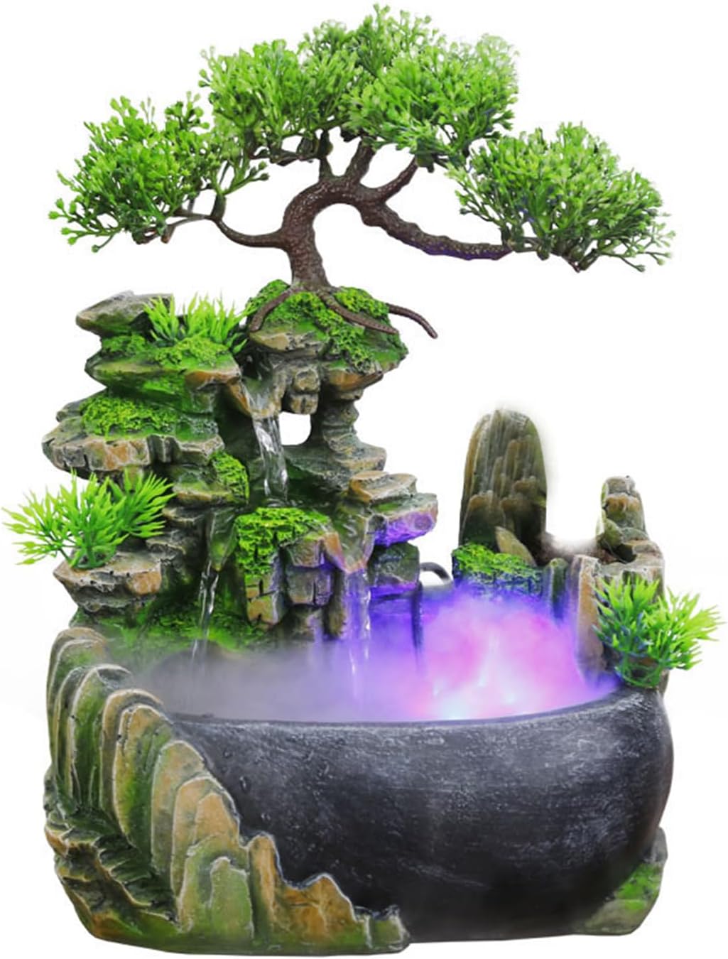 11-Inch Tabletop LED Waterfall Fountain with Mist Effect – Quiet Resin Rockery Indoor Fountain for Bedroom, Office, Meditation & Home Décor