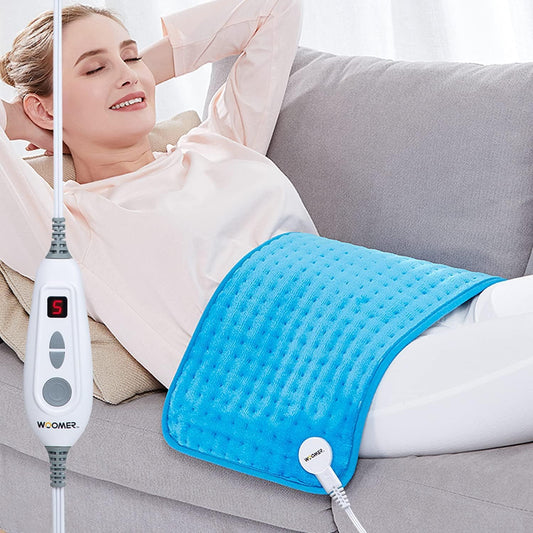 WOOMER Extra Large Heating Pad, 17"x33" XL Heating Pad, Heat Pad with Multi-Color Option, Moist Heat Therapy Feature, Auto Shut-Off, Power Cords Storage Belt, Blue