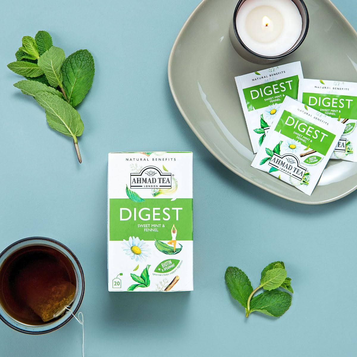 Ahmad Tea Herbal Tea, Sweet Mint, Fennel & Biotin 'Digest' Natural Benefits Teabags, 20 ct (Pack of 6) - Decaffeinated & Sugar-Free