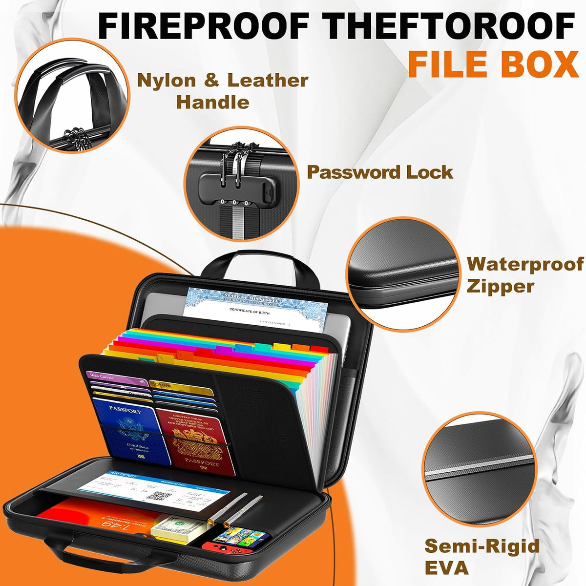 Fireproof Document Organizer with Lock, Semi-Rigid EVA Shell File Box with 13-Pocket Accordion Folder, Water-Resistant Storage for Important Documents, Passports & Certificates