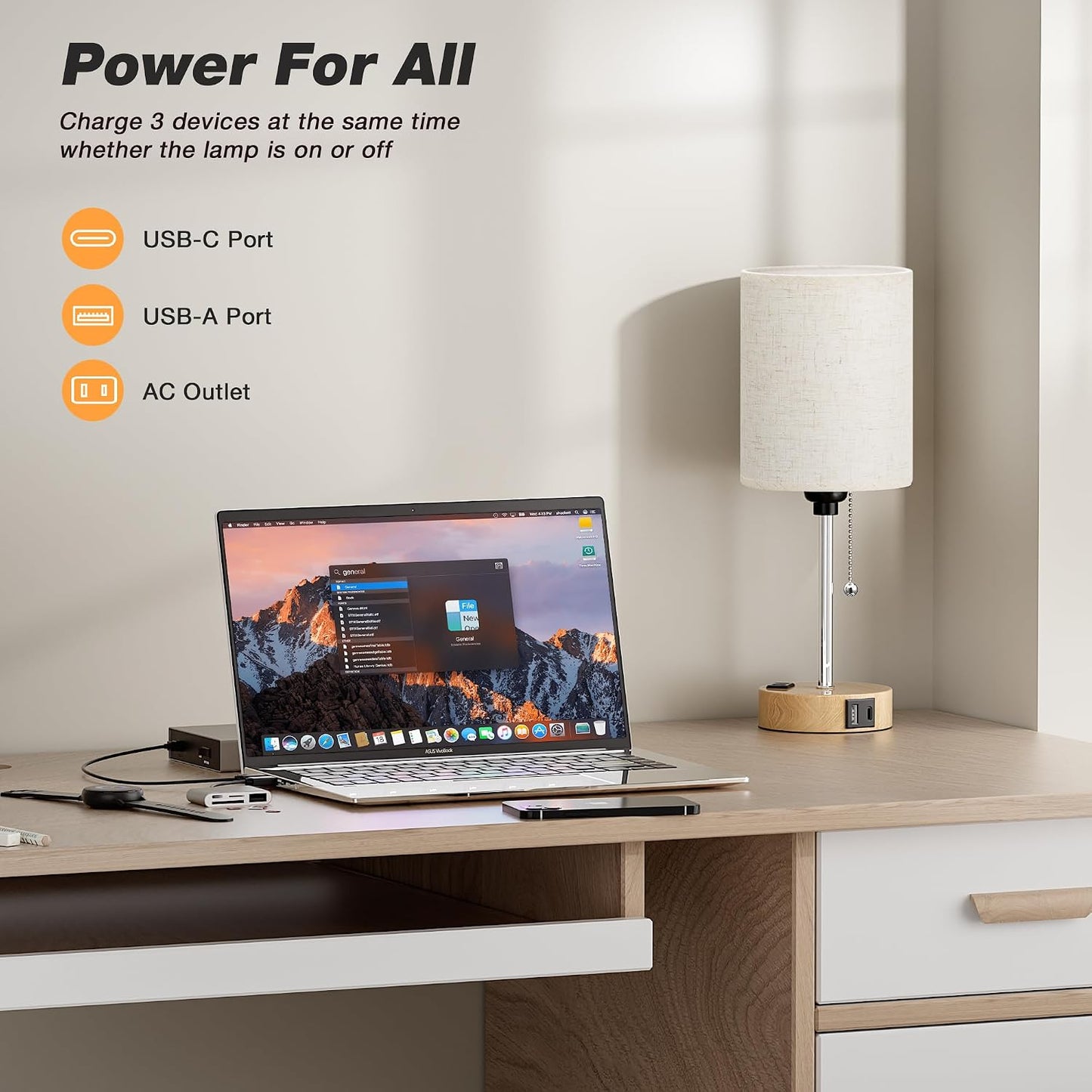 Small Bedside Table lamp for Bedroom - 3 Color Temperatures Bedside Lamps with USB C and A Ports, Pull Chain Table Lamps with AC Outlet, White Nightstand Lamps with Black Metal Base for Kids Reading