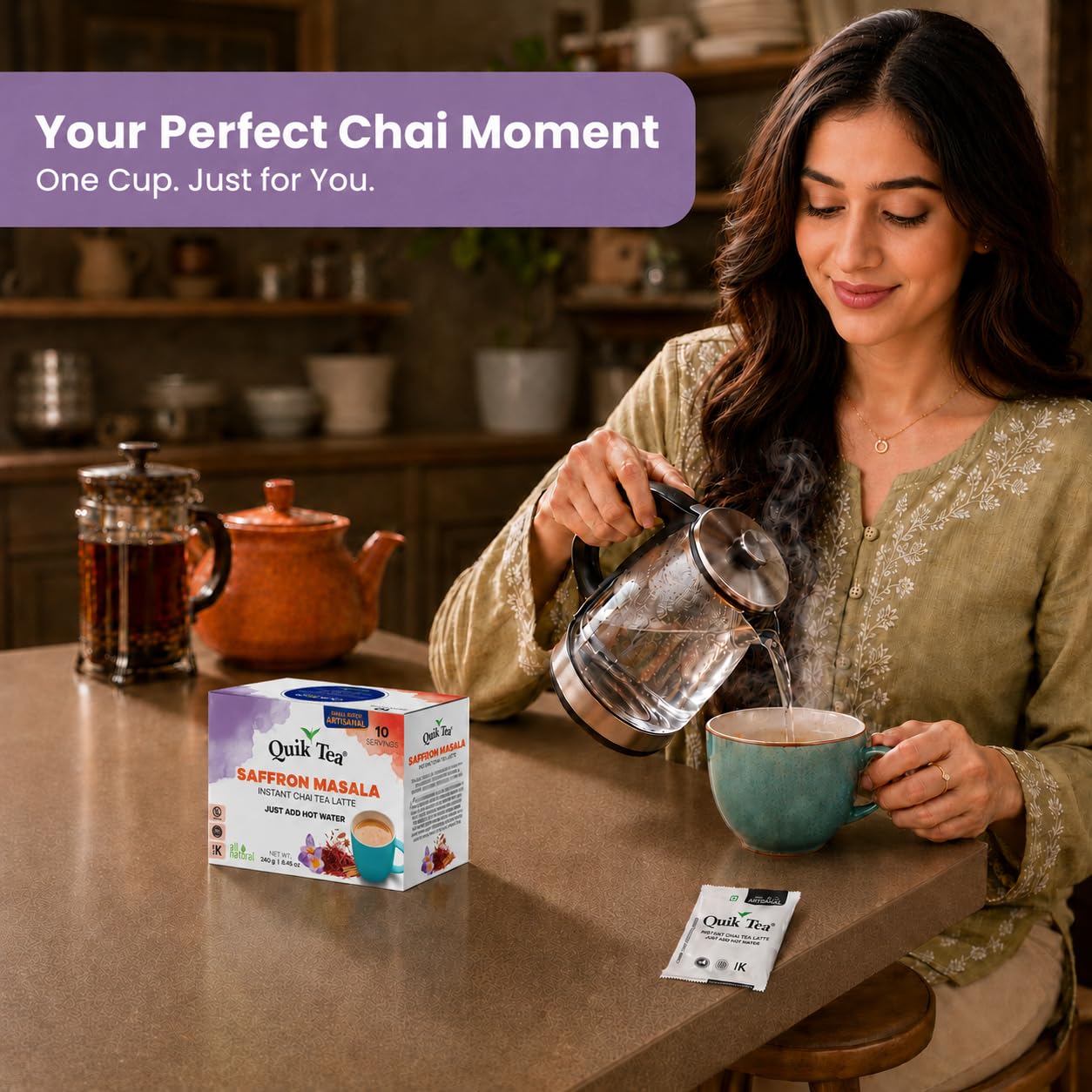 QuikTea Instant Chai Tea Latte Mix, Saffron Masala, 10 Sachets
