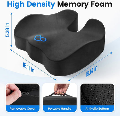 Seat Cushion, Memory Foam Chair Cushions for Tailbone/Sciatica Easing, Chair Pillow with Handles for Car, Office Chair Cushion with Non-Slip Design, Ideal for Post-Surgery Recovery(Black)
